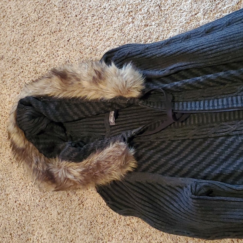 Eddie Bauer long zippered sweater with faux fur on hood
